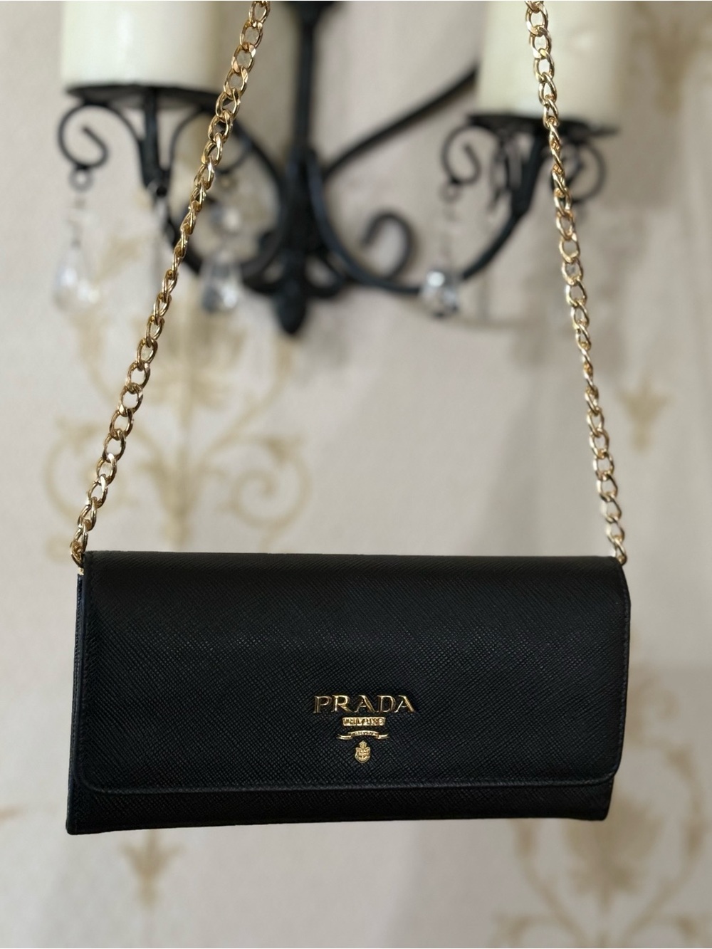 Prada Saffiano Leather Wallet On Chain W/ Card Holder Black/Pink Current Style